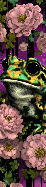 Free printable frog bookmark featuring bright green with purple background